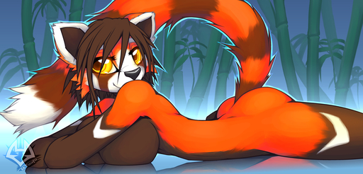 ailurid amber_eyes anthro arleana big_breasts biped breasts butt female looking_at_viewer lying macmegagerc mammal nude on_front outside red_panda smile solo // 1400x673 // 695.1KB