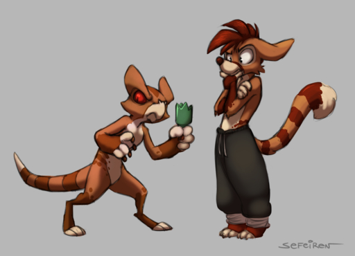 2016 anthro bottomwear broken_bottle brown_body brown_fur brown_hair brown_nose brown_scales claws clothed clothing conditional_dnp duo ears_back fur genet grey_background hair hindpaw kobold male mammal nude pants partially_clothed paws pivoted_ears red_eyes scales sefeiren simple_background siroc_(character) standing stripes viverrid weapon // 1280x925 // 492.8KB