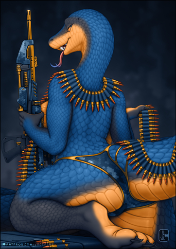 2020 anthro blue_body blue_scales breasts bullet butt digital_media_(artwork) fangs female forked_tongue gun gunmetal_(character) hi_res non-mammal_breasts ranged_weapon reptile scales scalie snake solo text tongue tongue_out url vader-san weapon // 1061x1500 // 1.6MB