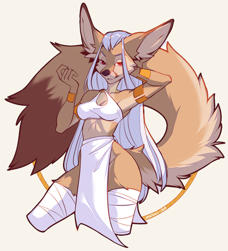 2018 anthro breasts brown_body brown_fur canid canine clothed clothing female fennec fox fur junebuq mammal red_eyes robyn_(kaylii) simple_background smile solo standing tan_body tan_fur vulpes wraps // 725x800 // 327.2KB