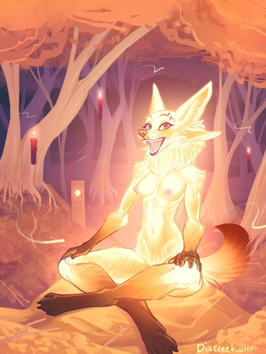 2022 4_ears anthro biped black_body black_fur blue_eyes breasts candle canid canine claws crossed_legs detailed_background digital_media_(artwork) digitigrade discreet_user eyebrow_piercing facial_piercing female floating_candle forest forest_background fox fur gloves_(marking) glowing glowing_body glowing_fur hi_res mammal markings multi_ear mylar_(discreet_user) nature nature_background neck_tuft nipples nude open_mouth paws piercing plant sitting slim solo toe_claws tree tuft yellow_body yellow_fur // 1203x1600 // 197.9KB