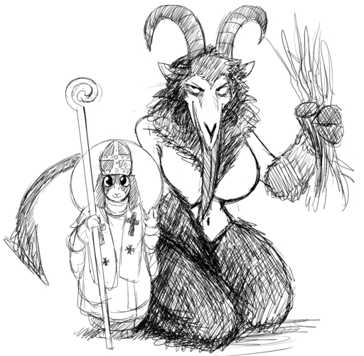 anthro big_breasts black_and_white bovid breasts caprine caprine_demon christmas clothing costume demon featureless_breasts female goat goat_demon halo hi_res hladilnik holidays horn krampus larger_female long_tongue lucy_(hladilnik) male mammal monochrome navel pope religion size_difference smaller_male smile spade_tail staff tommy_(hladilnik) tongue tongue_out // 1280x1250 // 1.4MB