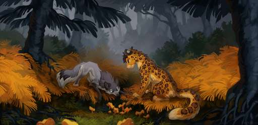 2021 blue_eyes canid canine day detailed_background digital_media_(artwork) duo felid feral fluffy fluffy_tail forest fungus fur grass hi_res hioshiru hybrid leopard mammal mushroom neck_tuft nude outside pantherine plant quadruped spots spotted_body spotted_fur tree tuft // 1600x776 // 1.3MB