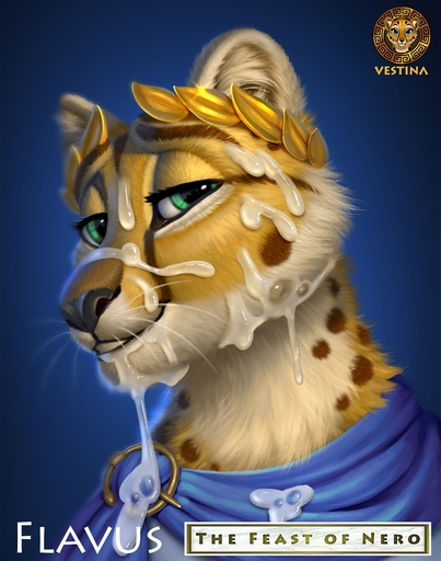 2022 anthro bodily_fluids brooch character_name cheetah cum cum_on_face felid feline flavus_(vestina) fluffy fluffy_ears fur genital_fluids gold_(metal) gold_jewelry green_eyes hi_res jewelry looking_at_viewer male mammal multicolored_body multicolored_fur neck_tuft roman_empire simple_background smile smiling_at_viewer solo spots spotted_body spotted_fur teeth text tuft vestina watermark whiskers white_body white_fur yellow_body yellow_fur // 1100x1397 // 699.4KB