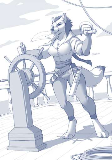 2014 4_toes anthro barefoot belt biped breasts canid canine claws cleavage clothed clothing detailed_background digital_media_(artwork) feet female hair long_hair mammal melee_weapon monochrome pirate smile smirk solo spyglass sword toe_claws toes weapon wolfy-nail // 768x1100 // 226.4KB