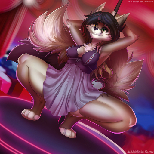 1:1 4_toes anthro black_hair black_nose breasts canid canine clothed clothing crouching detailed_background feet female hair hands_behind_head heterochromia mammal pole raised_arm smile solo text toes tril-mizzrim url // 1000x1000 // 1.4MB