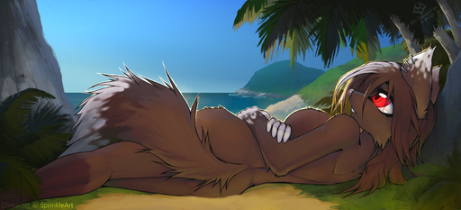 2016 anthro beach biped brown_body brown_fur canid canine casual_nudity detailed_background dipstick_tail ear_piercing female fur hi_res lying macmegagerc mammal multicolored_tail nude outside palm_tree piercing plant red_eyes sand sea seaside sky smile solo tree water white_body white_fur // 1650x750 // 1.2MB