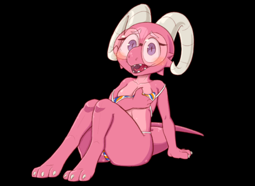 abigail_(blushbutt) alpha_channel bikini blush blushbutt breasts clothing curled_horn eyewear female glasses horn kobold non-mammal_breasts open_mouth pink_body pink_scales ram_horns reptile scales scalie simple_background solo swimwear wardrobe_malfunction // 750x550 // 140.3KB
