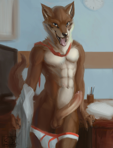 2016 abs anthro athletic balls big_penis blue_eyes bodily_fluids brown_body brown_fur canid canine canis chunie claws clothed clothing desk detailed_background digital_media_(artwork) drooling erection foreskin fur furniture genital_fluids genitals hale hi_res humanoid_genitalia humanoid_penis inside leaning leaning_back looking_at_viewer male mammal muscular muscular_anthro necktie office open_mouth partially_clothed partially_retracted_foreskin pecs penis precum precum_string saliva shirt smile solo table teeth tongue tongue_out topwear underwear undressing vein white_body white_fur wolf // 984x1280 // 261.6KB