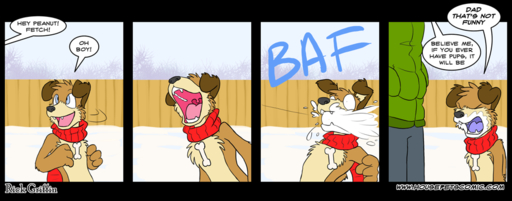 alpha_channel anthro canid canine canis clothing coat cold collar comic domestic_dog duo english_text fence humor male mammal outside parenting peanut_butter_(housepets!) playing prank rick_griffin scarf snow snowball solo_focus tag text topwear webcomic webcomic_character // 913x358 // 225.2KB