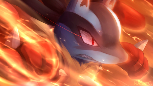 16:9 2014 ambiguous_gender angry anthro blue_body blue_fur canid canine close-up fire fur hi_res long_ears mammal mega_evolution mega_lucario nude nurinaki pokemon_(species) red_eyes sharp_teeth solo spikes teeth video_games widescreen // 1920x1080 // 1.4MB