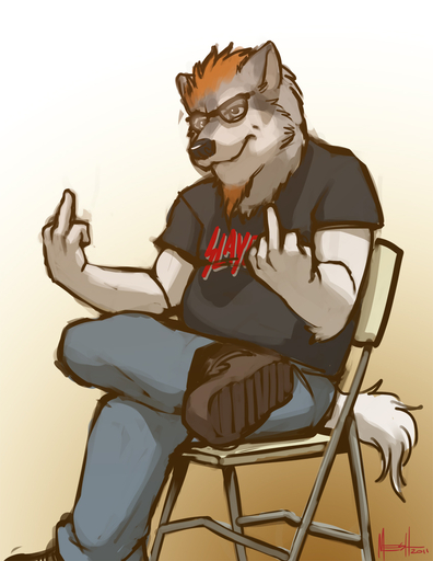 2011 anthro biped boots canid canine canis clothed clothing digital_media_(artwork) eyewear footwear gesture glasses hair male mammal meesh middle_finger orange_hair simple_background sitting slayer solo white_background wolf // 850x1100 // 391.0KB