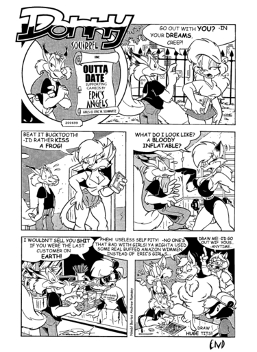 1999 amy_squirrel anthro canid canine canis clarisse clothed clothing comic dialogue domestic_cat donny_squirrel english_text eric_schwartz felid feline felis female fox group karri_aronen male mammal mephitid monochrome profanity rodent sabrina_(sabrina_online) sabrina_online sciurid skunk tammy_vixen text tree_squirrel webcomic webcomic_character wolf // 600x820 // 139.0KB