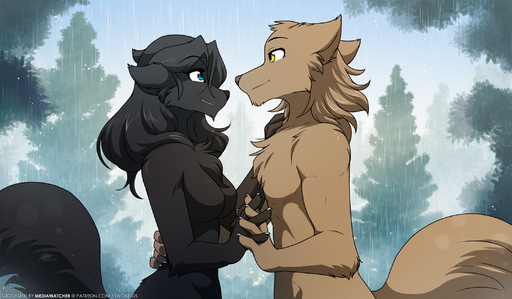 2022 alternate_species amber_eyes anthro black_body black_fur blue_eyes breasts brown_body brown_fur canid canine canis casual_nudity chest_tuft conditional_dnp dialogue duo elbow_tuft embrace face_to_face featureless_breasts female fur furrification hand_behind_back hand_holding hi_res interlocked_fingers keidran male mammal maren_taverndatter medium_breasts nude outside raining side_view smile social_nudity sythe_(twokinds) text tom_fischbach tuft webcomic wet wet_body wet_fur wolf // 2194x1280 // 2.5MB