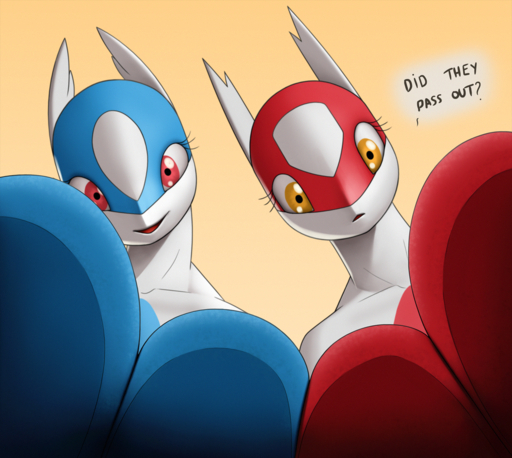 anthro big_breasts breasts creatiffy crossgender duo eyelashes female hi_res huge_breasts latias latios legendary_pokemon mtf_crossgender multicolored_body open_mouth open_smile pokemon_(species) smile two_tone_body video_games // 1600x1432 // 4.0MB