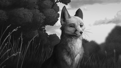 16:9 2019 canid canine cloud detailed detailed_background feral fluffy fox fur grass greyscale inner_ear_fluff ipoke mammal monochrome outside plant red_fox sky solo tobur tree tuft vulpes whiskers widescreen // 960x540 // 354.2KB