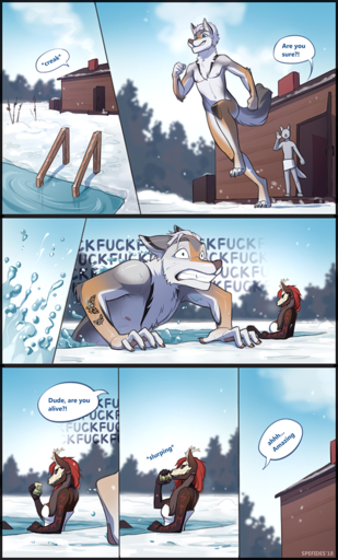 4_toes 5_fingers anthro canid canine canis comic day digitigrade domestic_dog feet female fingers fur grey_body grey_fur group hair ice male mammal nude outside partially_submerged red_hair smile snow spefides teeth toes water // 664x1100 // 870.5KB