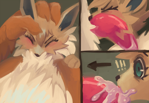 ! ambiguous_gender anthro anthro_on_anthro anthrofied arcanine balls_deep blush bodily_fluids brown_body brown_fur canid canine close-up comic cum cum_in_mouth cum_inside cum_on_face cum_on_penis deep_throat dialogue duo eevee english_text eyes_closed fellatio forced forced_oral fur genital_fluids genitals grimart hand_on_head head_grab internal long_ears male maleambiguous mammal nintendo nude open_mouth oral oral_penetration orgasm penetration penile penis pokemon pokemon_(species) sex size_difference sucking tapering_penis teal_eyes text video_games // 954x659 // 475.6KB