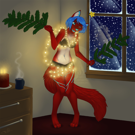 1:1 2012 alishka android anthro belly beverage blue_eyes blue_hair bra branch breasts candle canid canine christmas christmas_lights clothing coffee cup detailed_background fangs female food fur hair holidays inside lights machine mammal markings medium_breasts navel nova_(smilingassassin) open_mouth panties prick_ears red_body red_fur robot snow solo star underwear white_belly winter // 850x850 // 538.2KB