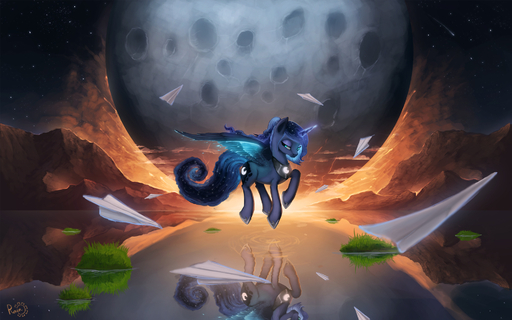16:10 blue_body blue_eyes blue_feathers blue_fur cosmic_hair crash cutie_mark detailed_background digital_media_(artwork) digital_painting_(artwork) equid equine ethereal_hair feathered_wings feathers female feral flying friendship_is_magic fur hasbro hi_res hooves horn horse mammal moon my_little_pony night nude outside photonoko princess_luna_(mlp) pseudo_hair reflection solo water widescreen winged_unicorn wings // 1920x1200 // 1012.6KB