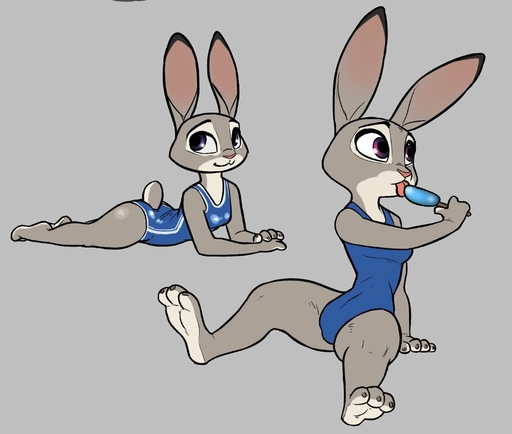 2017 3_toes 4_fingers anthro barefoot biped breasts claws clothing countershade_feet countershading feet female fingers food fur grey_background grey_body grey_fur judy_hopps lagomorph leporid licking mammal popsicle purple_eyes rabbit sea_salt_ice_cream simple_background siroc smile soles solo swimwear toe_claws toes tongue tongue_out // 1044x885 // 71.2KB