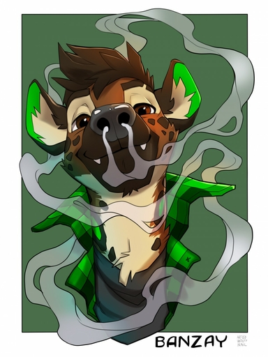 2018 3:4 anthro banzay black_nose brown_eyes brown_hair clothed clothing digital_media_(artwork) fangs hair headshot_portrait hi_res hyaenid looking_at_viewer male mammal portrait simple_background smile smoke smoke_from_nose solo spotted_hyena wolfy-nail // 960x1280 // 180.5KB