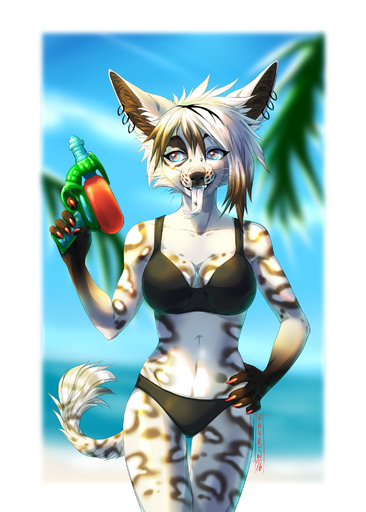 2016 5_fingers anthro black_lips blue_eyes breasts clothed clothing day ear_piercing female fingers grey_nose hair hauringu hi_res holding_object lips mammal midriff navel outside piercing red_eyes smile solo standing teeth tongue water_gun white_hair white_tongue wide_hips // 1500x2100 // 2.0MB