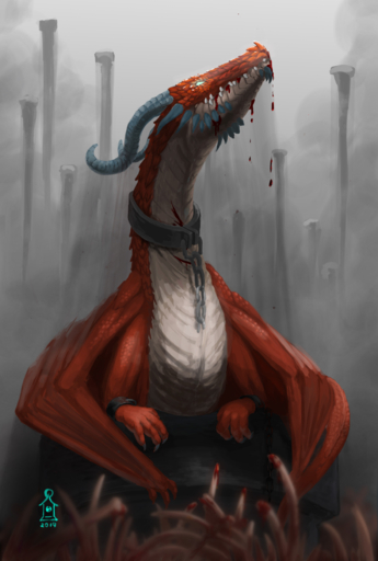 2019 absurd_res ambiguous_gender blood bodily_fluids bone chain claws collar digital_media_(artwork) dragon ericherilan feral hi_res horn membrane_(anatomy) membranous_wings red_body red_scales scales scalie solo western_dragon wings wounded // 2900x4300 // 4.3MB