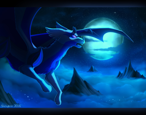 2016 black_bars detailed_background digital_media_(artwork) dragon feral flying fur furred_dragon hi_res horn membrane_(anatomy) membranous_wings moon night open_mouth outside paws scalie skaydie solo standing teeth tongue western_dragon wings // 2039x1607 // 1.9MB