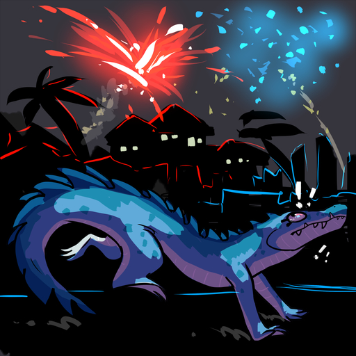 ! 1:1 2016 4th_of_july ambiguous_gender black_eyes blue_body blue_scales building crocodile crocodilian crocodylid digital_media_(artwork) feral fireworks fivel hi_res house night nude outside palm_tree plant reptile running scales scalie scampi sky solo spikes teeth tree // 1280x1280 // 531.8KB