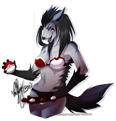 anthro anthrofied black_sclera bra breasts canid canine clothed clothing fangs female hair half-closed_eyes hi_res holding_object holding_pokeball looking_at_viewer mammal mightyena narrowed_eyes nintendo open_mouth panties pokeball pokeball_bra pokeball_clothing pokemon pokemon_(species) pokemorph portrait premier_ball red_eyes simple_background skimpy smile solo standard_pokeball teeth three-quarter_portrait underwear vexstacy video_games white_background // 1961x2048 // 171.0KB