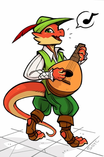 anthro bard butt_pose claws clothed clothing dungeons_and_dragons green_eyes hasbro hat headgear headwear holding_musical_instrument holding_object kobold lute male music musical_instrument musical_note open_mouth open_smile pictographics playing_music plucked_string_instrument pose reptile scales scalie simple_background singing sisu smile solo sorc speech_bubble standing string_instrument toe_claws tunic white_background wizards_of_the_coast // 733x1107 // 101.1KB