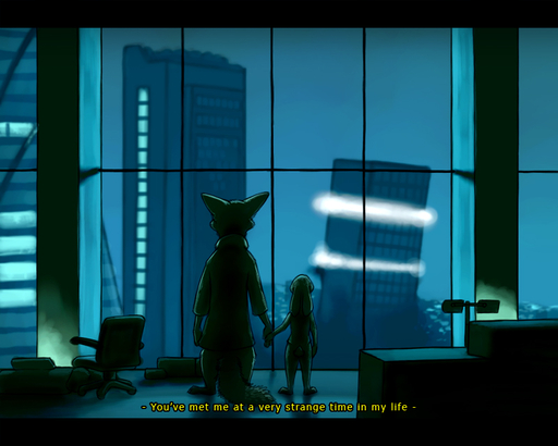2016 5:4 ambiguous_gender anthro canid canine city clothing dialogue duo english_text fox hand_holding inside ipoke judy_hopps lagomorph leporid mammal nick_wilde parody rabbit rear_view skyscraper standing subtitled text window // 800x640 // 234.7KB