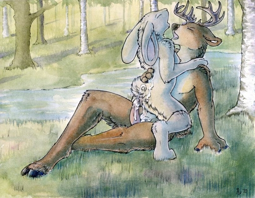 anthro antlers bodily_fluids breasts butt cervid cum cum_on_butt duo erection eyes_closed female genital_fluids genitals hooves horn lagomorph leporid male malefemale mammal messy nipples nude outside penis rabbit river ruaidri sex // 814x633 // 122KB