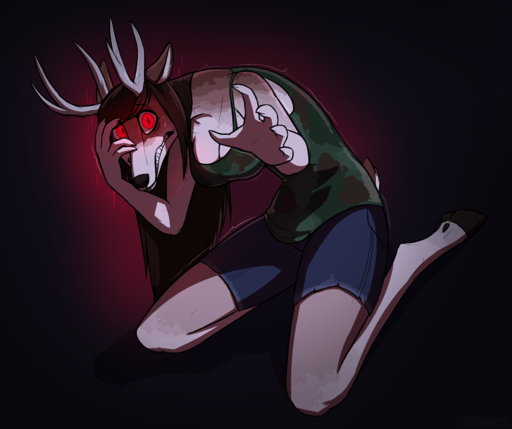 absurd_res antlers big_breasts breasts brown_hair cervid cleavage clothed clothing female glowing glowing_eyes hair hi_res horn keadonger long_hair mammal possession solo // 4191x3508 // 1.9MB