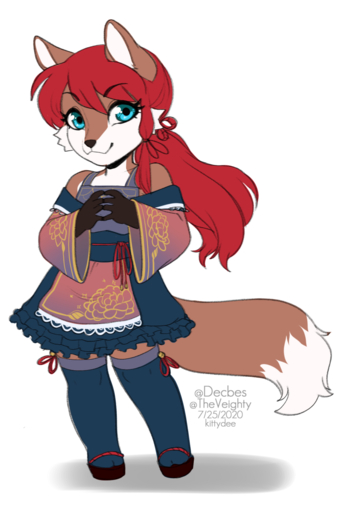 2020 anthro blue_eyes brown_body brown_fur canid canine clothed clothing digital_media_(artwork) eyebrows eyelashes female fox fur hair hi_res kittydee mammal red_hair smile // 859x1280 // 465.6KB