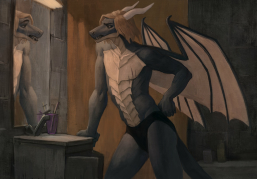 alger_draconian altered_reflection anthro bathroom blonde_hair clothing dragon grey_body grey_skin hair hi_res horn male membrane_(anatomy) membranous_wings mirror reflection scales scar shrewd1 solo standing teeth underwear wings // 2952x2061 // 4.4MB