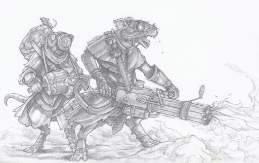 anthro buckteeth claws clothed clothing crestfallenartist duo ear_piercing ear_ring eyewear fully_clothed gas_mask goggles graphite_(artwork) greyscale gun holding_object holding_weapon male mammal mask monochrome murid murine open_mouth pencil_(artwork) piercing ranged_weapon rat rodent simple_background skaven smoke snout standing teeth toe_claws tongue traditional_media_(artwork) warhammer_(franchise) warhammer_fantasy weapon white_background // 1200x755 // 1.1MB