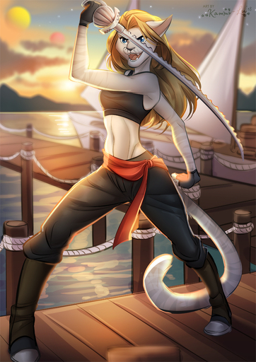 2018 anthro blue_eyes breasts clothed clothing day detailed_background digital_media_(artwork) domestic_cat felid feline felis female holding_object holding_sword holding_weapon kammi-lu mammal melee_weapon midriff navel open_mouth outside sky smile solo sword teeth tongue weapon // 707x1000 // 463KB