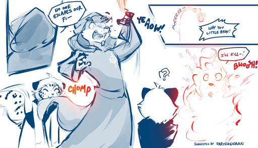 2020 7:4 ? anthro bite burning canid canine canis clothed clothing comic conditional_dnp cub dialogue duo english_text eyes_closed fail felid female fire fireball fur hi_res hood humor keidran maeve_(twokinds) magic male mammal monochrome oops open_mouth pain pantherine roan_(twokinds) simple_background sketch smile snow_leopard sound_effects spots spotted_body spotted_fur surprise tail_bite tail_in_mouth text tom_fischbach twokinds webcomic webcomic_character white_background wolf young // 2240x1280 // 1.3MB
