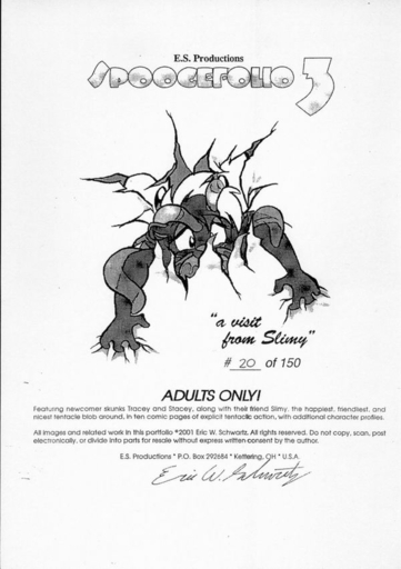 2001 ambiguous_gender anthro breaking_the_fourth_wall comic cover cover_art cover_page duo english_text eric_schwartz greyscale mammal mephitid monochrome page_(disambiguation) paper skunk slimy_(character) solo_focus stacey_(disambiguation) tentacle_monster tentacles text tracey // 600x852 // 62.1KB