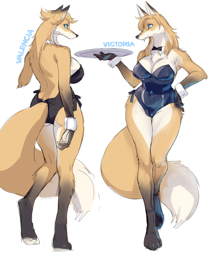 anthro blue_eyes breasts brown_body brown_fur canid canine cleavage clothed clothing collar cuffs_(clothing) digital_media_(artwork) digitigrade dipstick_ears dipstick_tail female fluffy fluffy_tail fox fur gloves_(marking) kemono kikurage leg_markings leotard mammal markings multicolored_body multicolored_ears multicolored_fur multicolored_tail serving_tray shaded sibling side_boob simple_background socks_(marking) swimwear tan_body tan_fur twins two_tone_body two_tone_fur valencia_(kikurage) victoria_(kikurage) waiter white_background white_body white_fur wide_hips // 960x1160 // 493.6KB