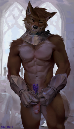 2021 anthro armor athletic athletic_anthro athletic_male balls canid canine canis chunie clothing detailed_background digital_media_(artwork) ethiopian_wolf flaccid flower foreskin front_view gauntlets genitals gloves gorget handwear hi_res holding_object humanoid_genitalia humanoid_penis inside looking_aside male mammal mostly_nude navel nipples nude one_eye_closed penis plant portrait smile solo standing three-quarter_portrait wink // 738x1280 // 447.9KB