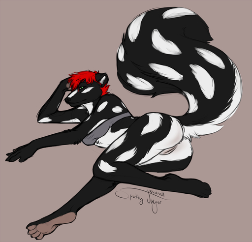 anthro bottomless butt clothed clothing clover female fur genitals hindpaw mammal mephitid paws plantigrade pussy raised_tail simple_background skunk solo spotted_skunk spottyjaguar // 978x939 // 283.0KB