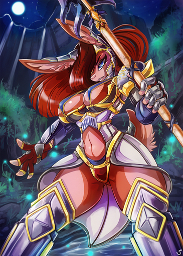 anthro armor big_breasts biped blue_eyes breasts brown_hair butt_from_the_front cleavage clothed clothing curvy_figure female fingerless_gloves front_view gloves hair handwear hi_res lagomorph long_hair low-angle_view mammal melee_weapon moon night outside polearm pose red_hair skimpy solo spear spirale standing thick_thighs unconvincing_armor voluptuous weapon wide_hips // 927x1300 // 1.3MB