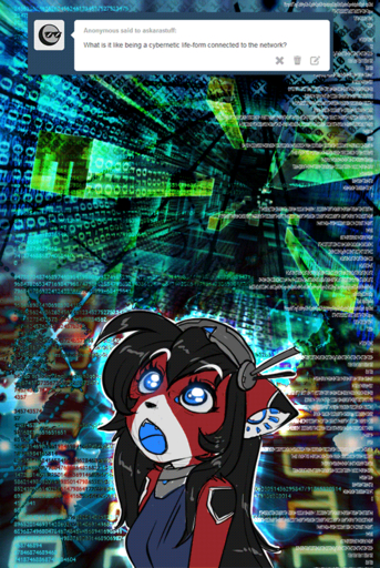 2014 android animated anthro ara black_body black_fur black_hair blue_eyes clothed clothing domestic_cat english_text eyelashes felid feline felis female fluff-kevlar fur hair looking_up machine mammal multicolored_body multicolored_fur open_mouth red_body red_fur robot short_playtime solo text white_body white_fur // 538x804 // 902.6KB