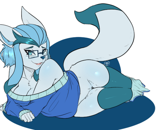 2016 anthro anthrofied avante92 bare_shoulders blue_eyes blue_hair blush bottomless breasts cleavage clothed clothing eeveelution eyewear female genitals glaceon glasses hair hi_res looking_at_viewer off_shoulder open_mouth pokemon_(species) pokemorph pussy simple_background solo sweater topwear video_games // 2054x1708 // 757.4KB