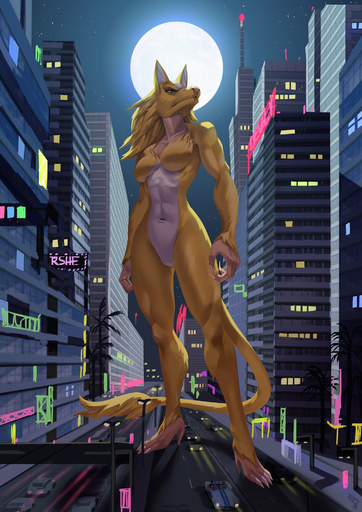 2018 5_fingers alanscampos anthro blonde_hair breasts canid canine city detailed_background digital_media_(artwork) featureless_breasts featureless_crotch female fingers fur hair hi_res macro mammal midriff moon navel night nude outside solo standing yellow_body yellow_fur // 1414x2000 // 1.5MB