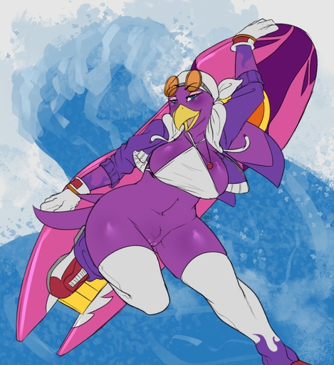 anthro avante92 avian bandanna beak big_breasts bird bottomless breasts clothed clothing extreme_gear eyewear female genitals glasses gloves handwear hi_res kerchief non-mammal_breasts purple_body pussy solo tools water wave_the_swallow wrench // 1173x1280 // 265.4KB