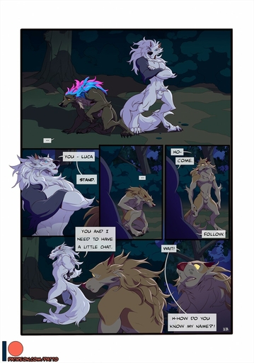 altair_(patto) anthro canid canine canis comic detailed_background digital_media_(artwork) english_text forest fur hair hi_res male mammal night nude outside patto plant radwolf text tree were werecanid werecanine werewolf wolf // 898x1280 // 206.8KB